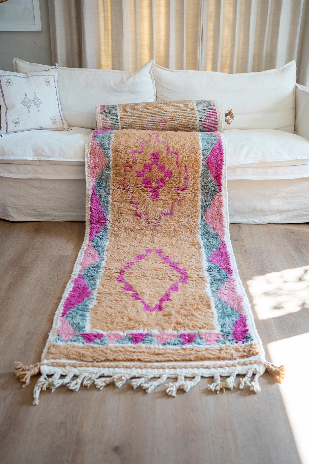 In-Stock Moroccan Boujaad Wool Runner 55 – brown, prink, grey  – 77 × 500 cm
