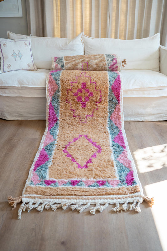 In-Stock Moroccan Boujaad Wool Runner 55 – brown, prink, grey  – 77 × 500 cm
