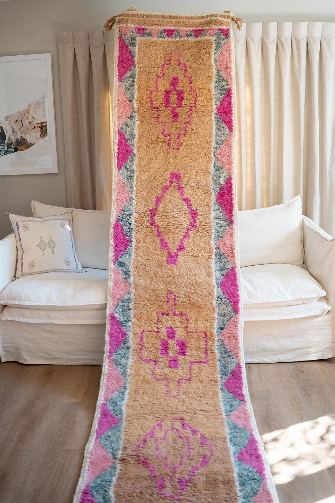 In-Stock Moroccan Boujaad Wool Runner 55 – brown, prink, grey  – 77 × 500 cm