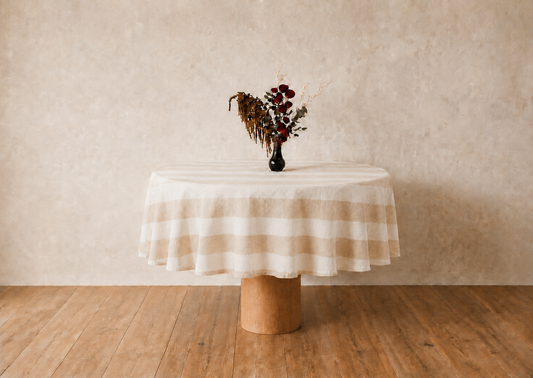 Sand & White Stripe Round Tablecloth