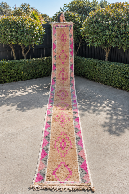 In-Stock Moroccan Boujaad Wool Runner 55 – brown, prink, grey  – 77 × 500 cm