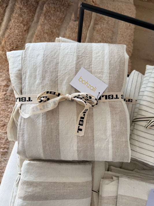 Sand & White Stripe Round Tablecloth