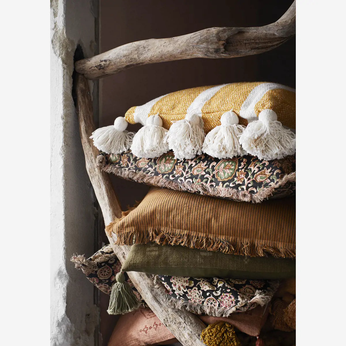 Cushion with Tassels - Honey and White